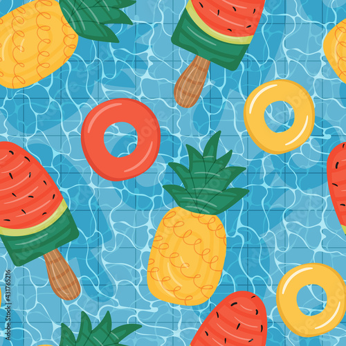Seamless pattern of pool with floating mattresses shaped like pineapple and watermelon.