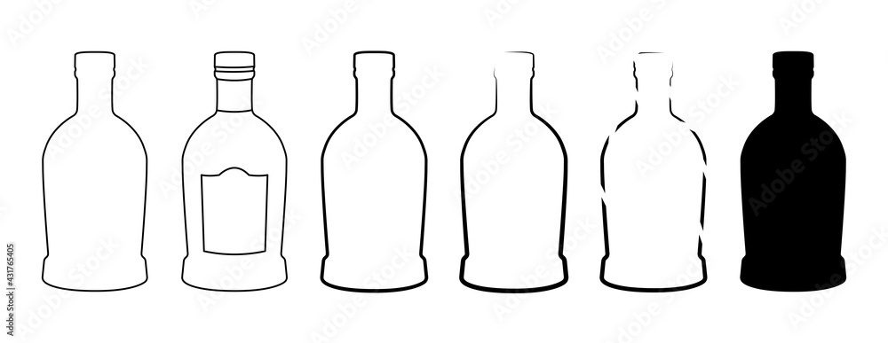 Set of contour images of alcohol bottles on an isolated white background. Set of contour images of alcohol bottles on an isolated white background.