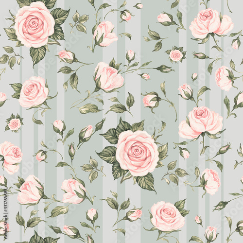 Seamless floral pattern drawn blooming roses with buds. Beautiful print for textile and design. Gold roses decoration of fabric and interior