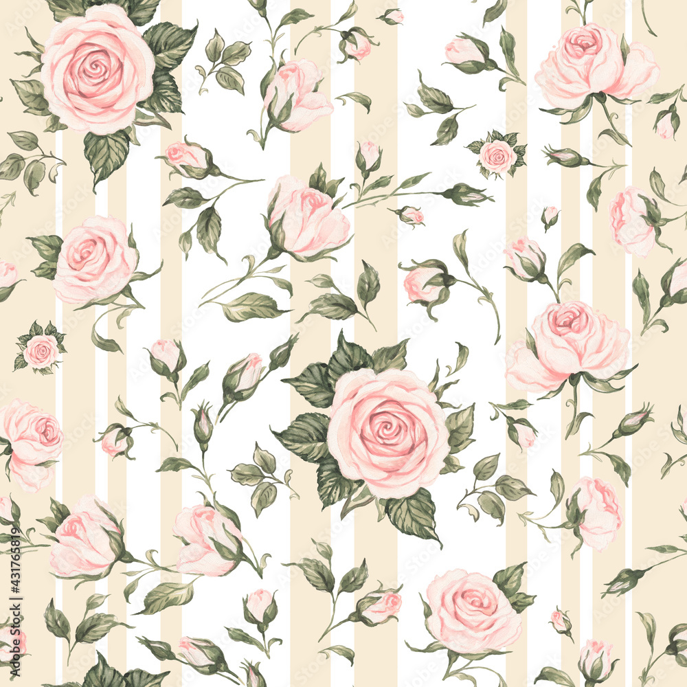 Seamless floral pattern drawn blooming roses with buds. Beautiful print for textile and design. Gold roses decoration of fabric and interior