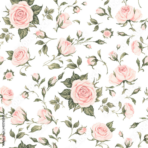 Seamless floral pattern drawn blooming roses with buds. Beautiful print for textile and design. Gold roses decoration of fabric and interior