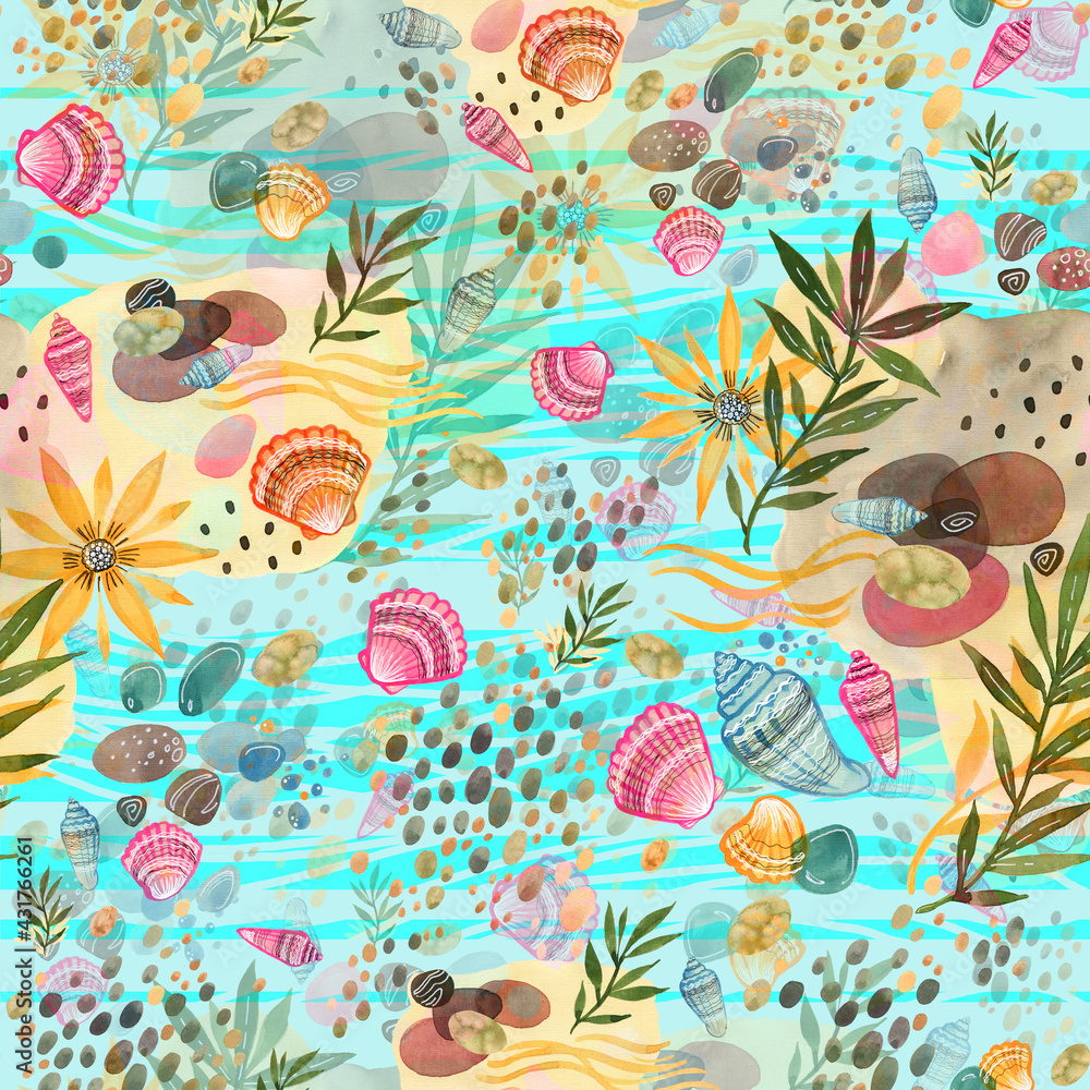 Seamless watercolor pattern seashells, pebbles, vacation by the sea
Colorful illustration of a summer weekend on the seashore, outdoor recreation, sun, ocean, river, unity with nature, life line.