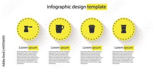 Set Coffee turk, cup, to go and Pour over coffee maker. Business infographic template. Vector