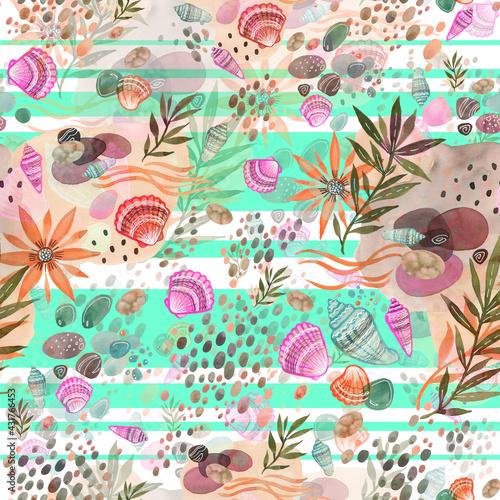 Seamless watercolor pattern seashells  pebbles  vacation by the sea Colorful illustration of a summer weekend on the seashore  outdoor recreation  sun  ocean  river  unity with nature  life line.