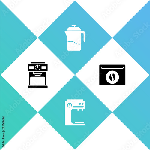 Set Coffee machine, , French press and Bag coffee beans icon. Vector