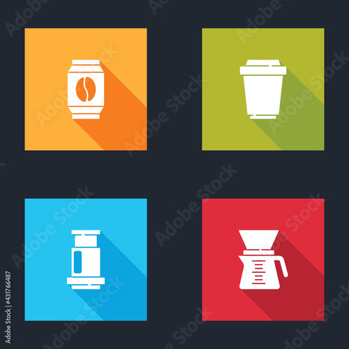 Set Bag of coffee beans, Coffee cup to go, Aeropress and Pour over coffee maker icon. Vector