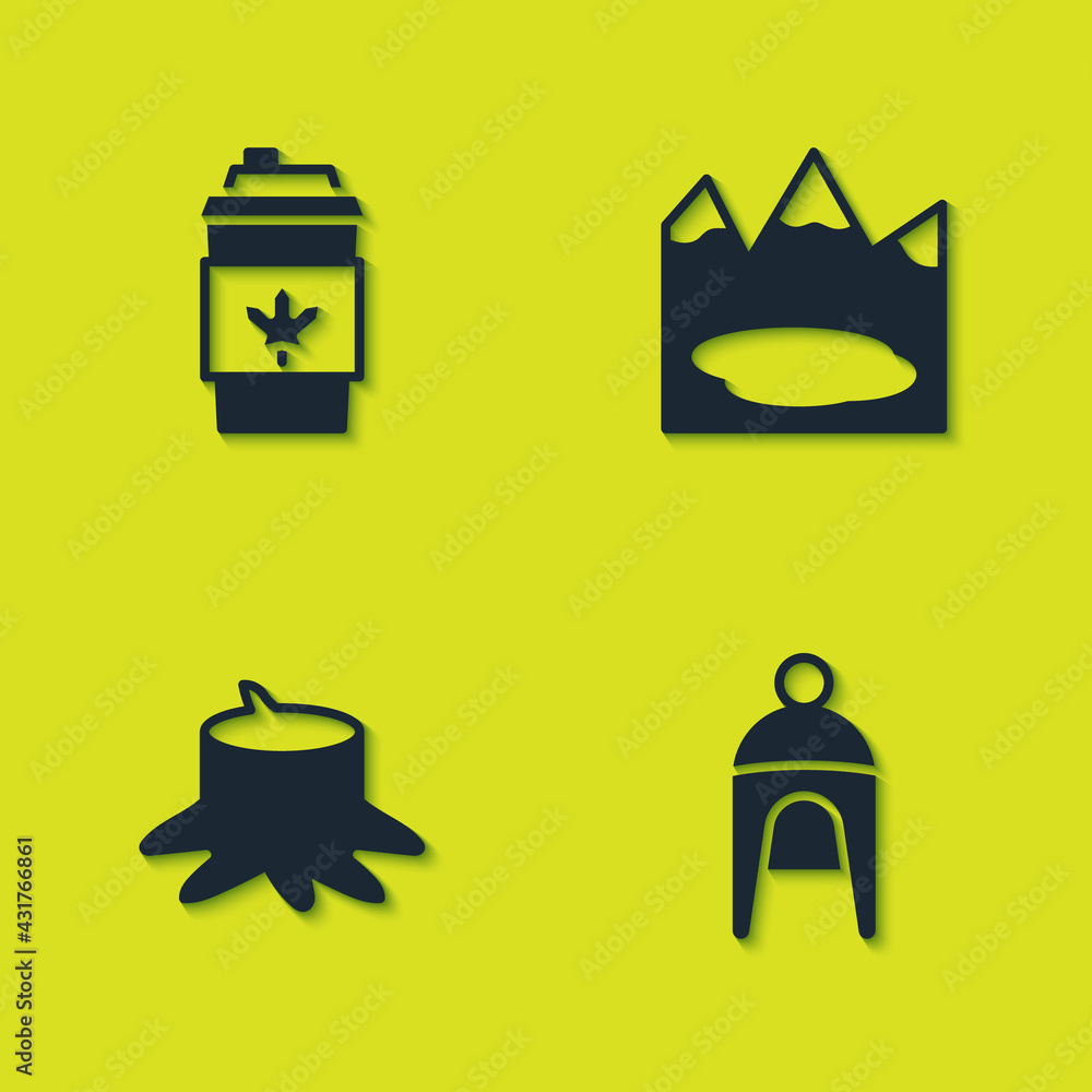 Set Coffee cup to go, Winter hat, Tree stump and Canadian lake icon. Vector Set Coffee cup to go, Winter hat, Tree stump and Canadian lake icon. Vector