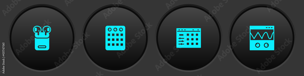 Set Air headphones in box, Drum machine, and Oscilloscope icon. Vector Set Air headphones in box, Drum machine, and Oscilloscope icon. Vector