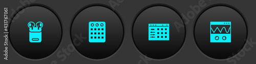 Set Air headphones in box, Drum machine, and Oscilloscope icon. Vector