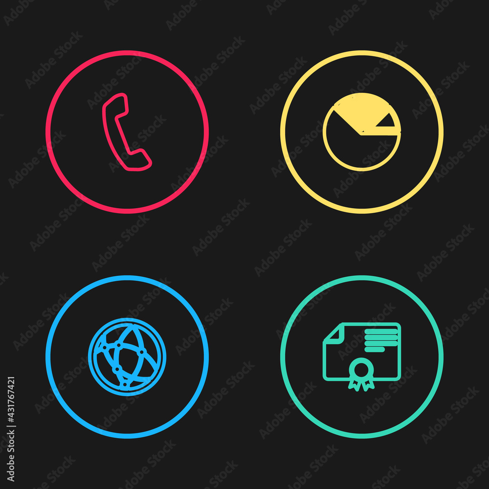 Set line Social network, Certificate template, Pie chart infographic and Telephone handset icon. Vector Set line Social network, Certificate template, Pie chart infographic and Telephone handset icon. Vector