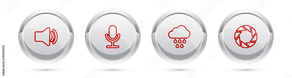Set line Speaker volume, Microphone, Cloud with rain and Camera shutter. Silver circle button. Vector Set line Speaker volume, Microphone, Cloud with rain and Camera shutter. Silver circle button. Vector