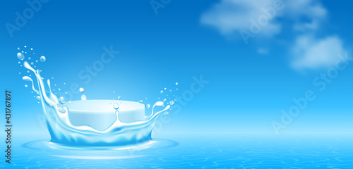 3D Scene with products display podium. Template for products advertising, presentation and promotion. Realistic circular pedestal in water splash on blue sky background. Vector illustration.