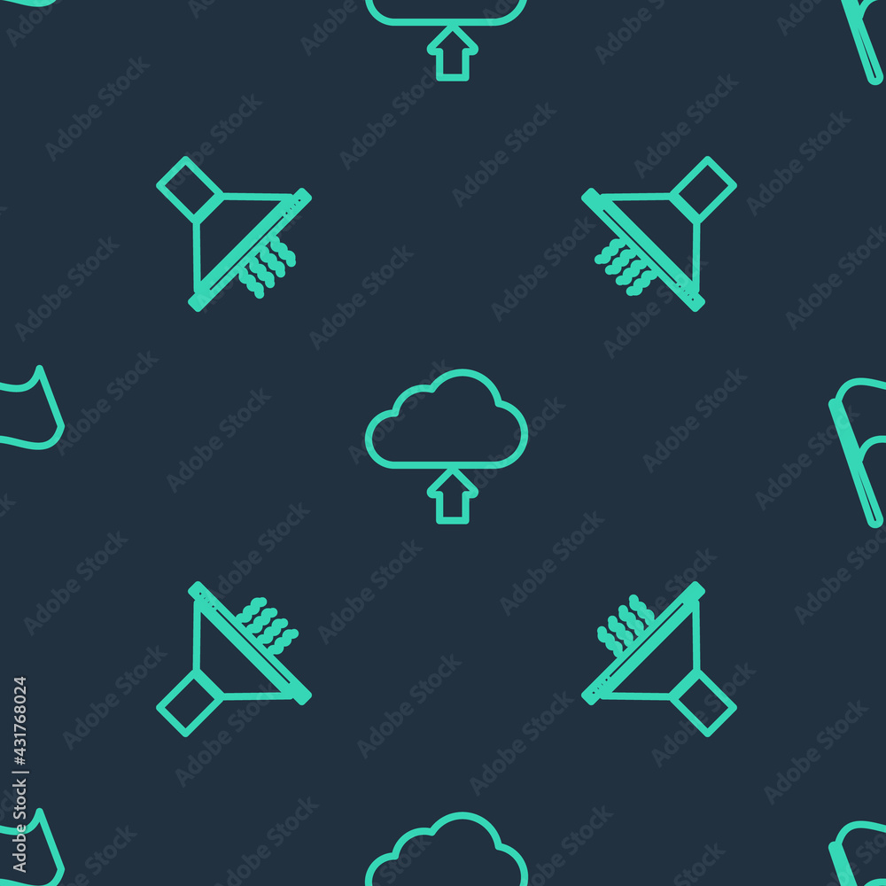 Set line Cloud upload, Kitchen extractor fan and Flag on seamless pattern. Vector