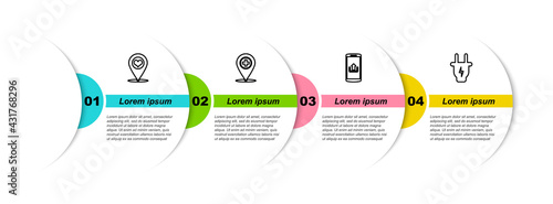 Set line Map pointer with heart, Medical location cross, Smartphone upload and Electric plug. Business infographic template. Vector