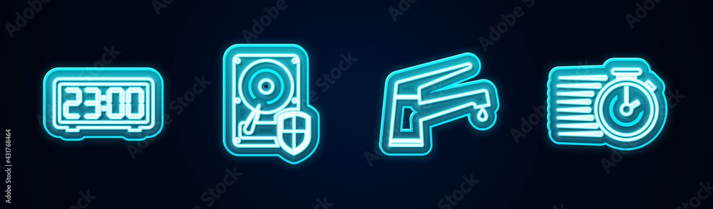 Set line Digital alarm clock, Hard disk drive HDD protection, Water tap and Stopwatch. Glowing neon icon. Vector Set line Digital alarm clock, Hard disk drive HDD protection, Water tap and Stopwatch. Glowing neon icon. Vector
