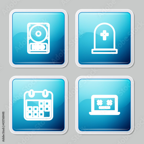 Set line Hard disk drive HDD, Tombstone with cross, Calendar and Dead laptop icon. Vector