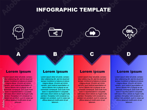 Set line Head silhouette with cloud, Share folder, Music streaming service and Methane emissions reduction. Business infographic template. Vector