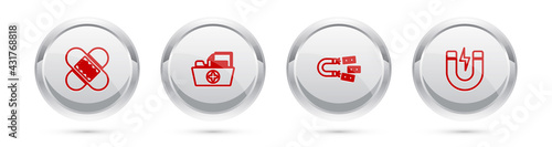 Set line Crossed bandage plaster, Health record folder, Magnet with money and lightning. Silver circle button. Vector