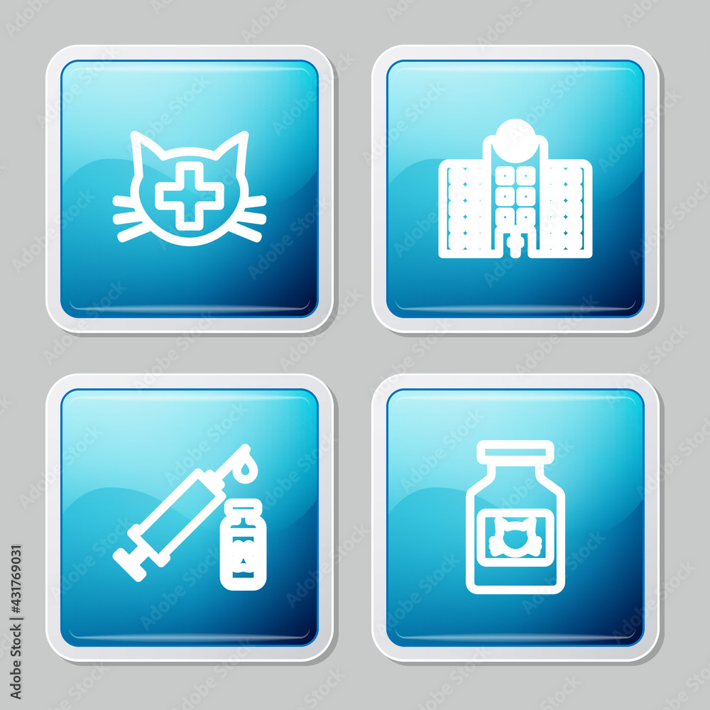 Set line Veterinary clinic, medicine hospital, Syringe with pet vaccine and Cat bottle icon. Vector Set line Veterinary clinic, medicine hospital, Syringe with pet vaccine and Cat bottle icon. Vector
