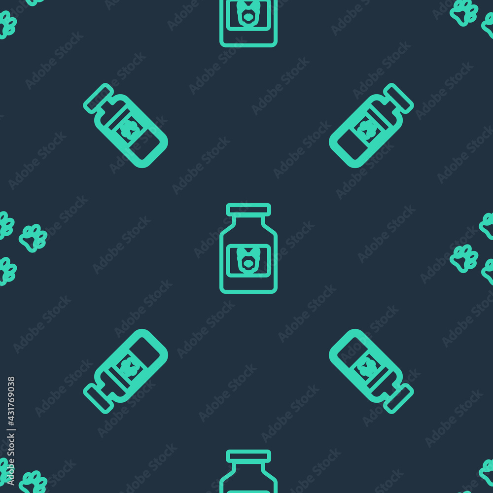 Set line Dog medicine bottle, Pets vial medical and Paw print on seamless pattern. Vector Set line Dog medicine bottle, Pets vial medical and Paw print on seamless pattern. Vector