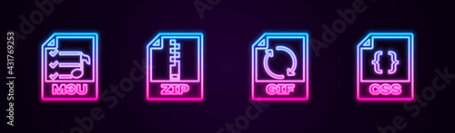 Set line M3U file document, ZIP, GIF and CSS. Glowing neon icon. Vector