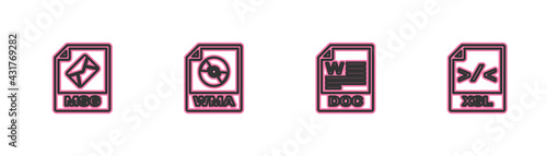 Set line MSG file document, DOC, WMA and XSL icon. Vector