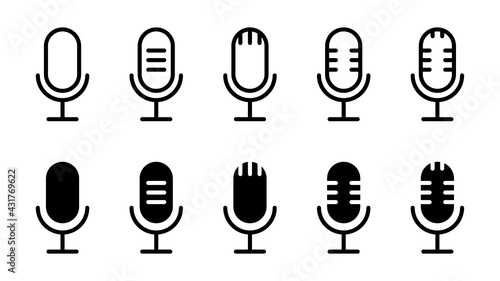 Set of microphone icons isolated on a white background. The concept of voice, karaoke, sound recording and vocals. Vector illustration