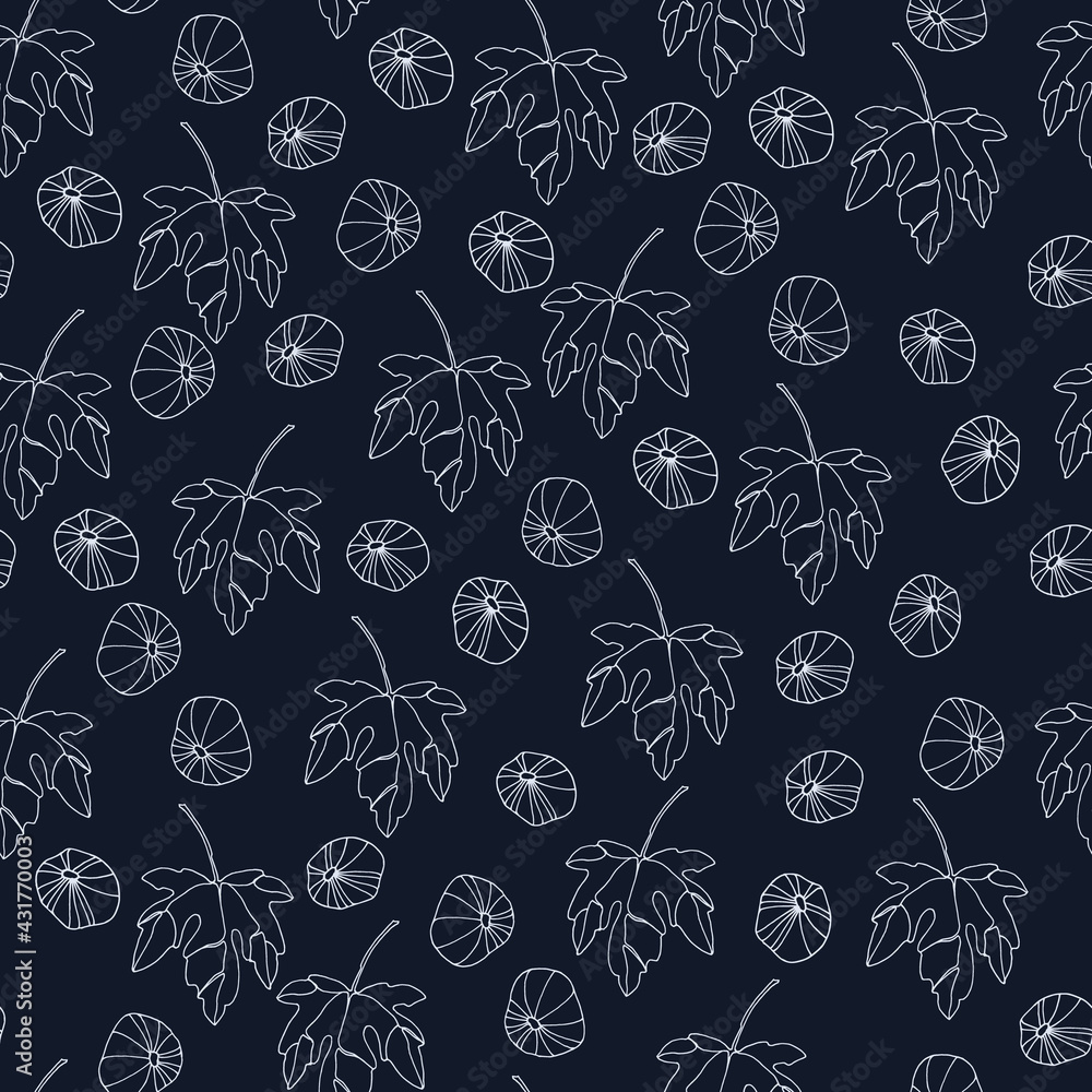 Seamless pattern. Fig tree branches with fruit. Outlined vector illustration on dark background Seamless pattern. Fig tree branches with fruit. Outlined vector illustration on dark background