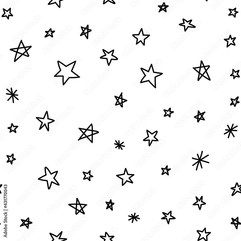 Naklejka premium Hand drawn stars seamless pattern. Monochrome texture background of star doodle illustrations.