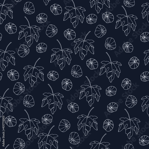Seamless pattern. Fig tree branches with fruit. Outlined vector illustration on dark background