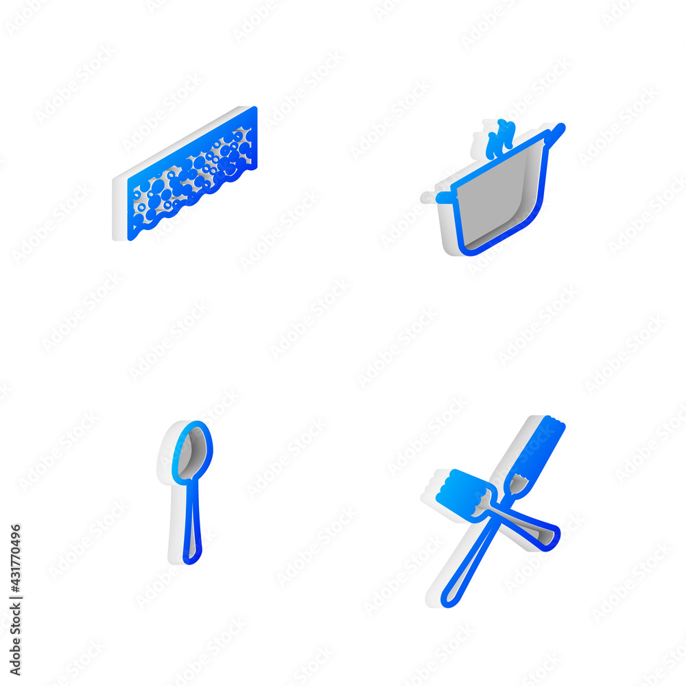 Set Isometric line Cooking pot, Sponge with bubbles, Spoon and Crossed fork icon. Vector Set Isometric line Cooking pot, Sponge with bubbles, Spoon and Crossed fork icon. Vector