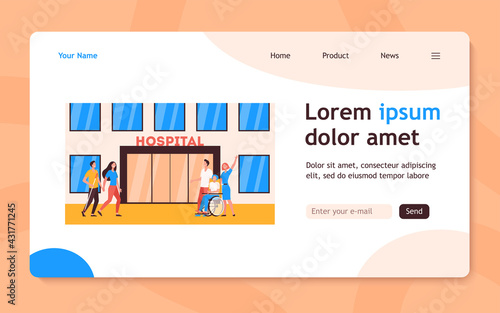 Patients and their relatives in front of hospital. Nurse, clinic, facade flat vector illustration. Medicine and healthcare concept for banner, website design or landing web page