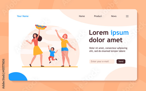 Happy women and girl with hot dog. Meal, street, junk food flat illustration. Fast food and nutrition concept for banner, website design or landing web page © PCH.Vector