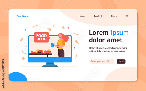 Food blogger giving workshop. Cooking online, video lesson, chef. Flat vector illustration. Blogging, training, education concept for banner, website design or landing web page
