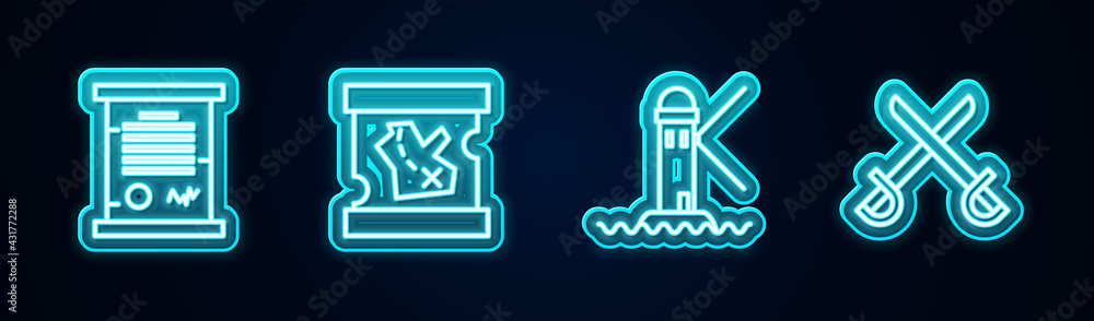Set line Decree, parchment, scroll, Pirate treasure map, Lighthouse and Crossed pirate swords. Glowing neon icon. Vector Set line Decree, parchment, scroll, Pirate treasure map, Lighthouse and Crossed pirate swords. Glowing neon icon. Vector