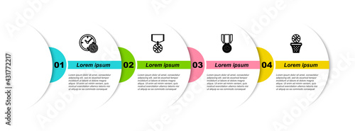 Set line Clock with basketball ball, Basketball medal, and and. Business infographic template. Vector