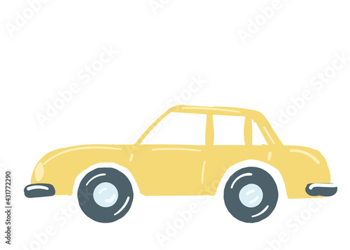 yellow sedan car. isolated car with a trunk. hand drawn cartoon style, vector illustration