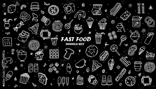 Doodle food set of 50 various fast-food products. Hand-drawn sweets, desserts, snacks, popcorn, American food and English breakfast. A big set of cartoon food illustrations.