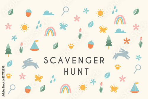 Nature Scavenger Hunt Kids Activity Illustration or Card. Vector Design