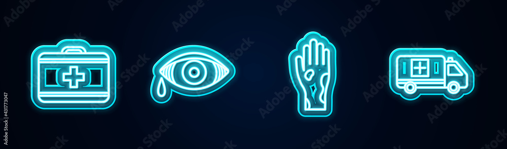 Set line First aid kit, Reddish eye allergic conjunctivitis, Hand with psoriasis or eczema and Emergency car. Glowing neon icon. Vector Set line First aid kit, Reddish eye allergic conjunctivitis, Hand with psoriasis or eczema and Emergency car. Glowing neon icon. Vector