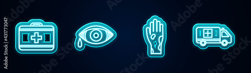 Set line First aid kit, Reddish eye allergic conjunctivitis, Hand with psoriasis or eczema and Emergency car. Glowing neon icon. Vector