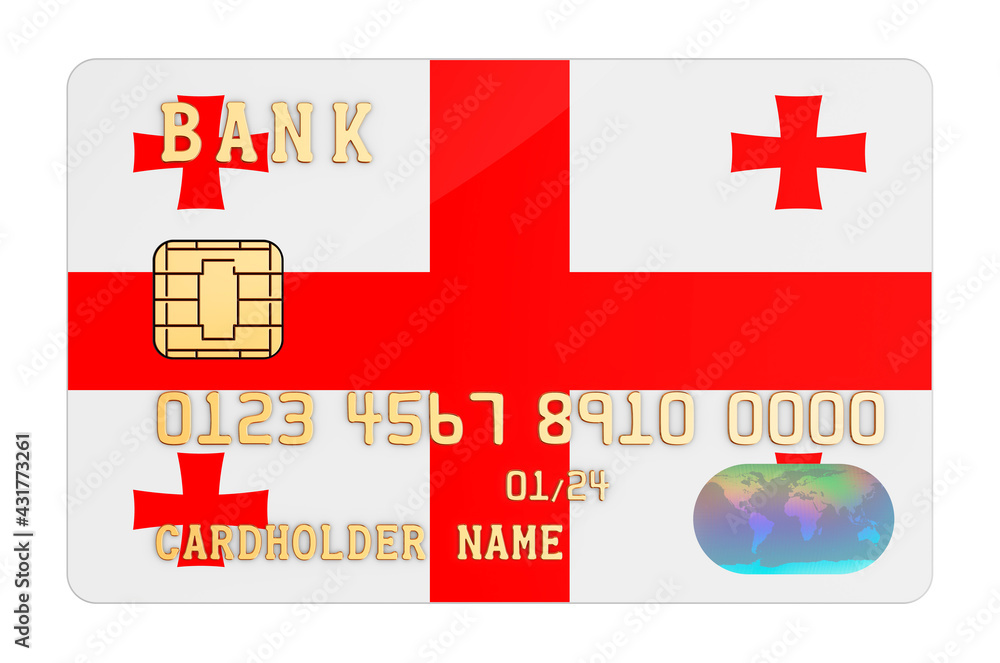Bank credit card featuring Georgian flag. National banking system in Georgia concept. 3D rendering