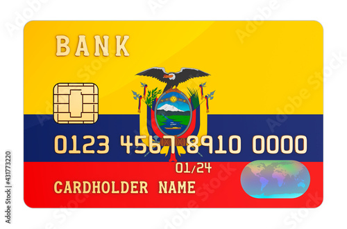 Bank credit card featuring Ecuadorian flag. National banking system in Ecuador concept. 3D rendering