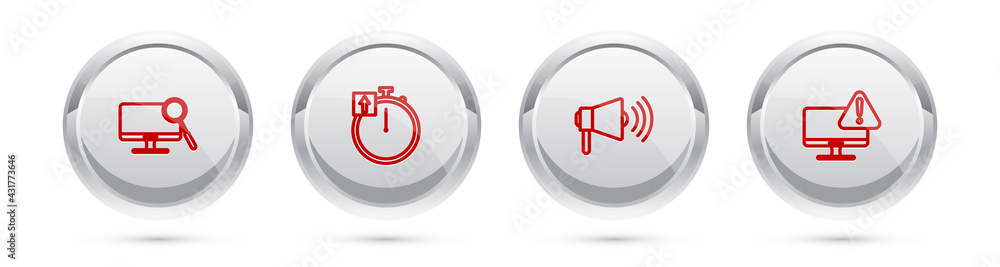 Set line Computer monitor diagnostics, Stopwatch, Megaphone and Monitor with exclamation mark. Silver circle button. Vector Set line Computer monitor diagnostics, Stopwatch, Megaphone and Monitor with exclamation mark. Silver circle button. Vector