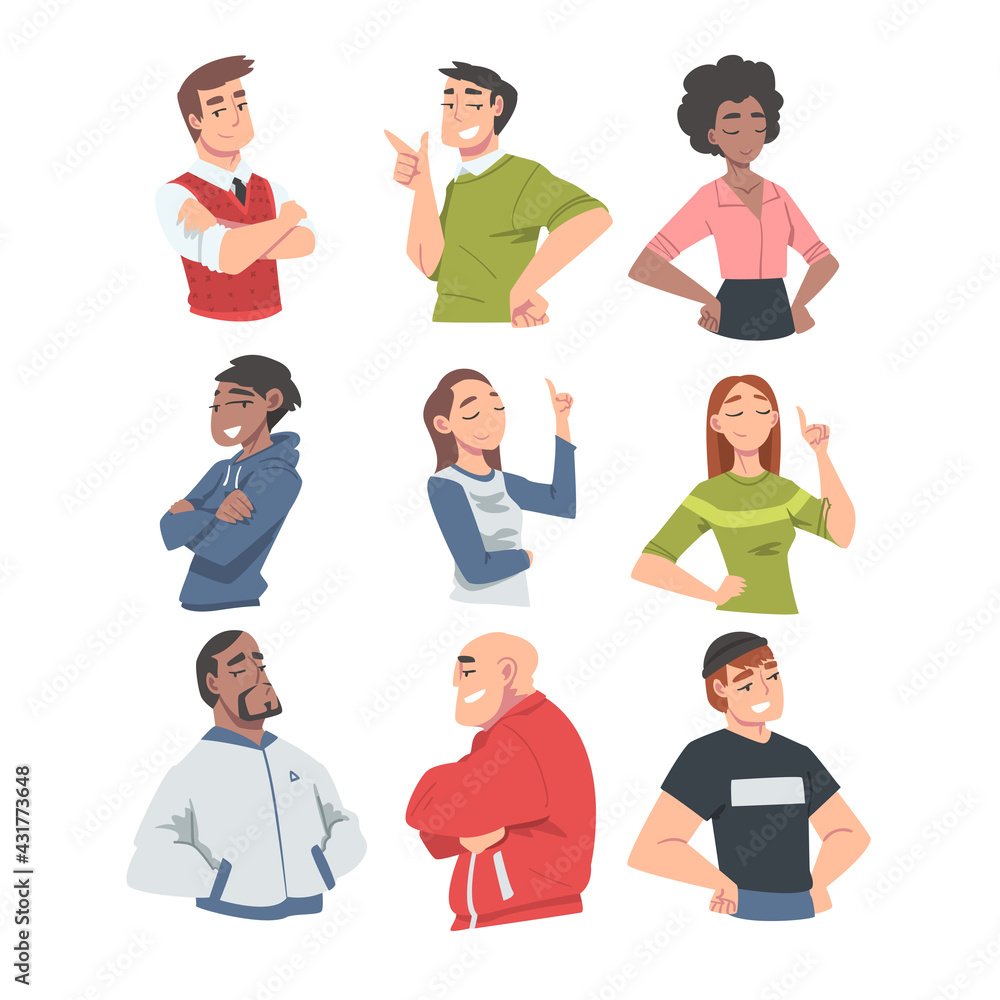 Confident People, Cheerful Young Women and Men Expressing Positive Emotions, Love Yourself Concept Cartoon Vector Illustration Confident People, Cheerful Young Women and Men Expressing Positive Emotions, Love Yourself Concept Cartoon Vector Illustration