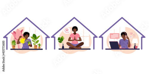 Stay home concept. African girl takes care for houseplants, work at laptop doing yoga and meditation. Self isolation, quarantine due to coronavirus. Vector.