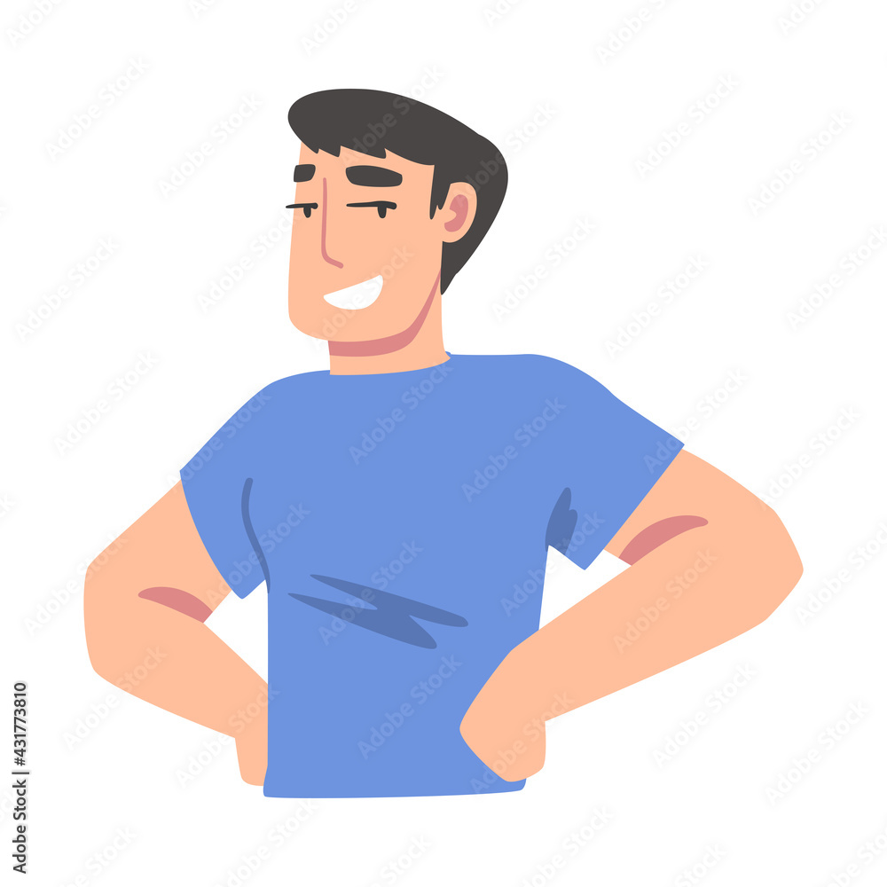 Confident Young Man Standing with Hands on his Hips, Guy Expressing Positive Emotions, Self Love, Self Pride, Acceptance, Esteem Cartoon Vector Illustration