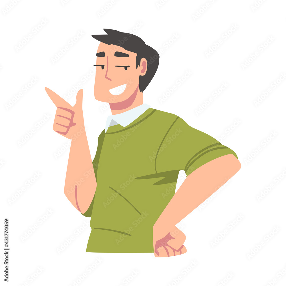 Confident Cheerful Man Standing Pointing with His Finger, Self Pride, Acceptance, Esteem Concept Cartoon Vector Illustration