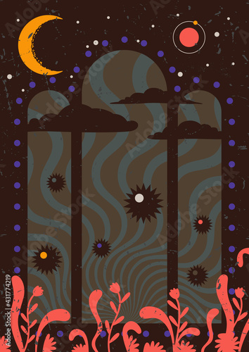 Abstract Psychedelic Background, 1960s Posters, Covers Style Template, Vintage Colors and Grunge Texture Pattern