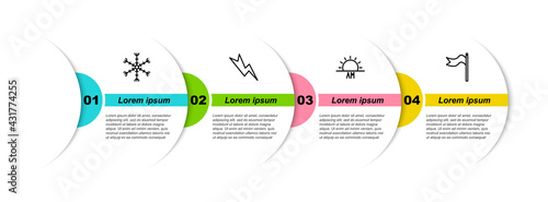 Set line Snowflake, Lightning bolt, Sunrise and Meteorology windsock wind vane. Business infographic template. Vector